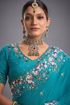 Firozi Turquoise Pure Crepe Saree with Linear Handwork