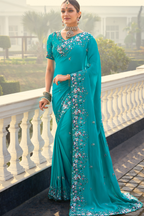 Firozi Turquoise Pure Crepe Saree with Linear Handwork