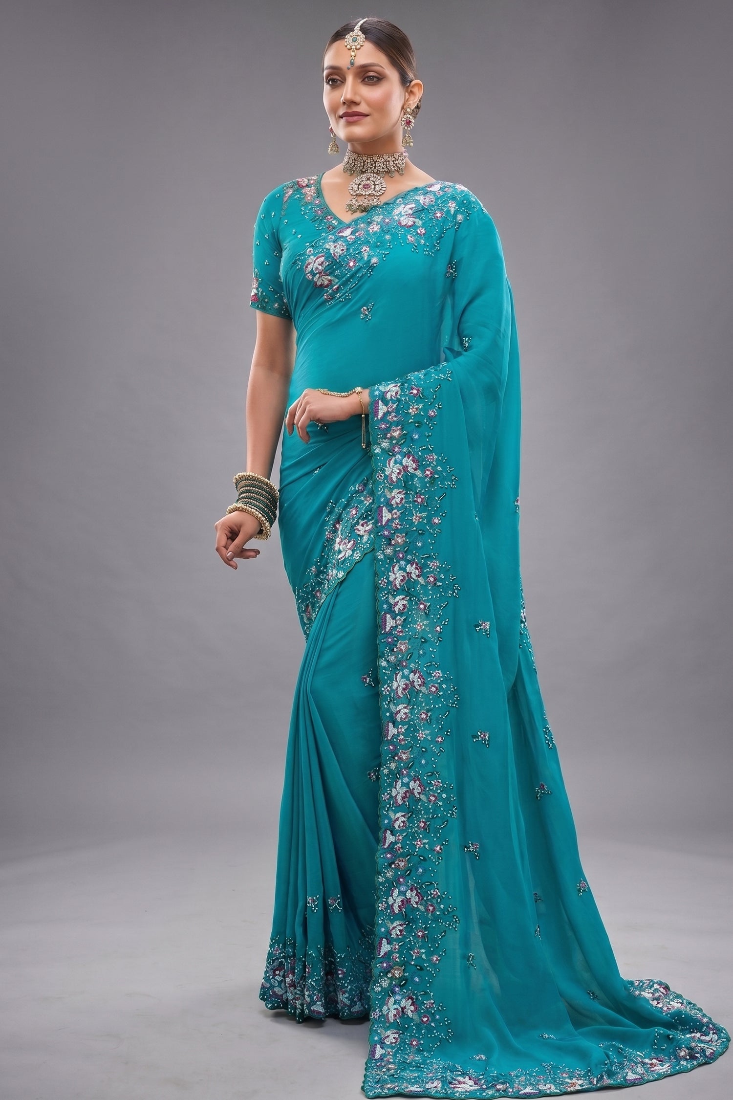 Firozi Turquoise Pure Crepe Saree with Linear Handwork Main image