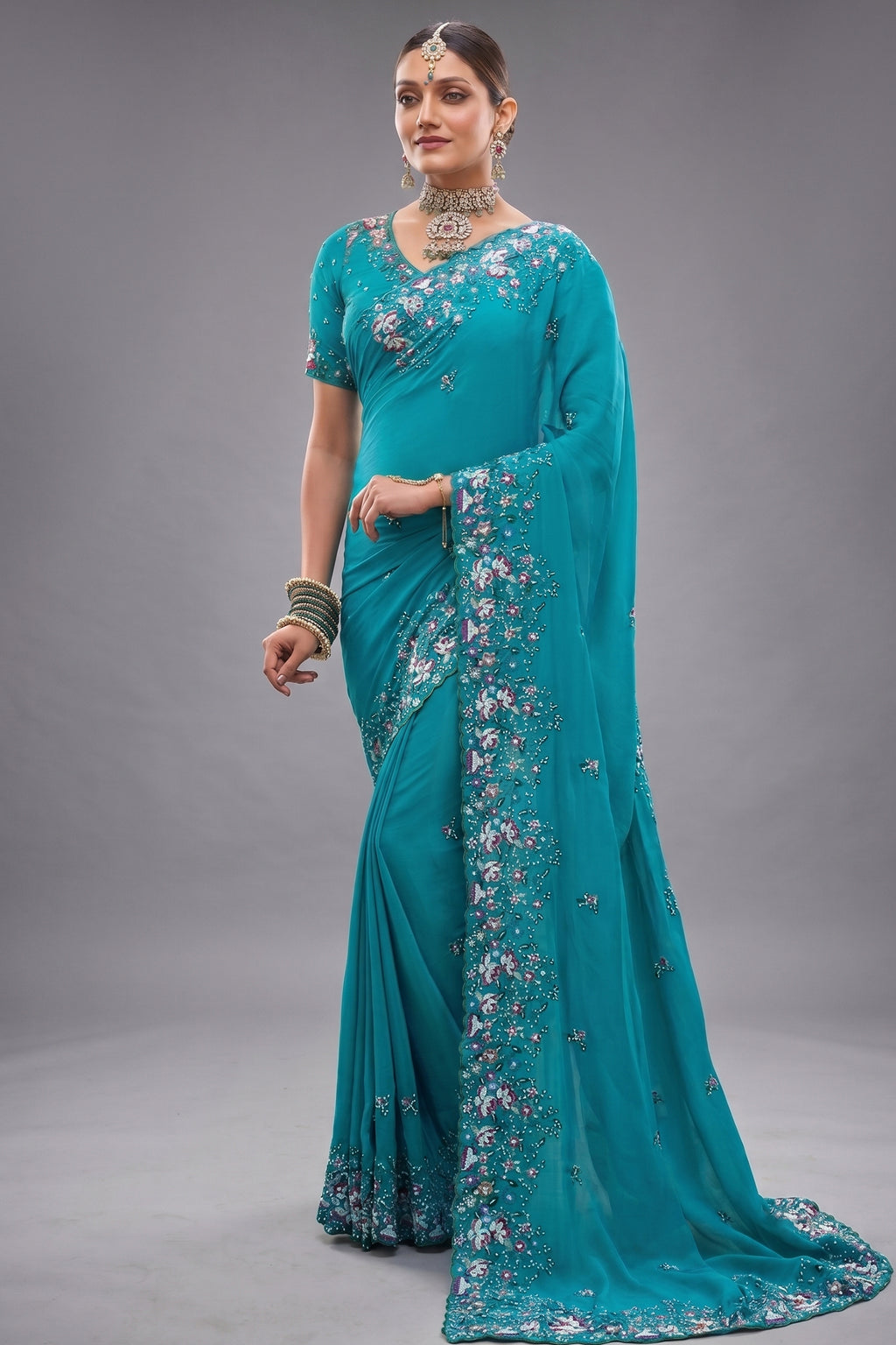 Firozi Turquoise Pure Crepe Saree with Linear Handwork