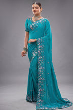 Firozi Turquoise Pure Crepe Saree with Linear Handwork
