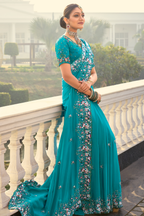 Firozi Turquoise Pure Crepe Saree with Linear Handwork