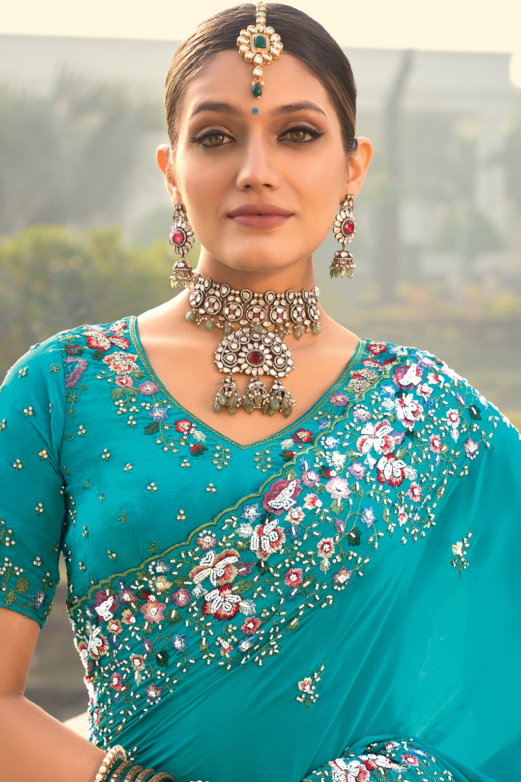 Firozi Turquoise Pure Crepe Saree with Linear Handwork