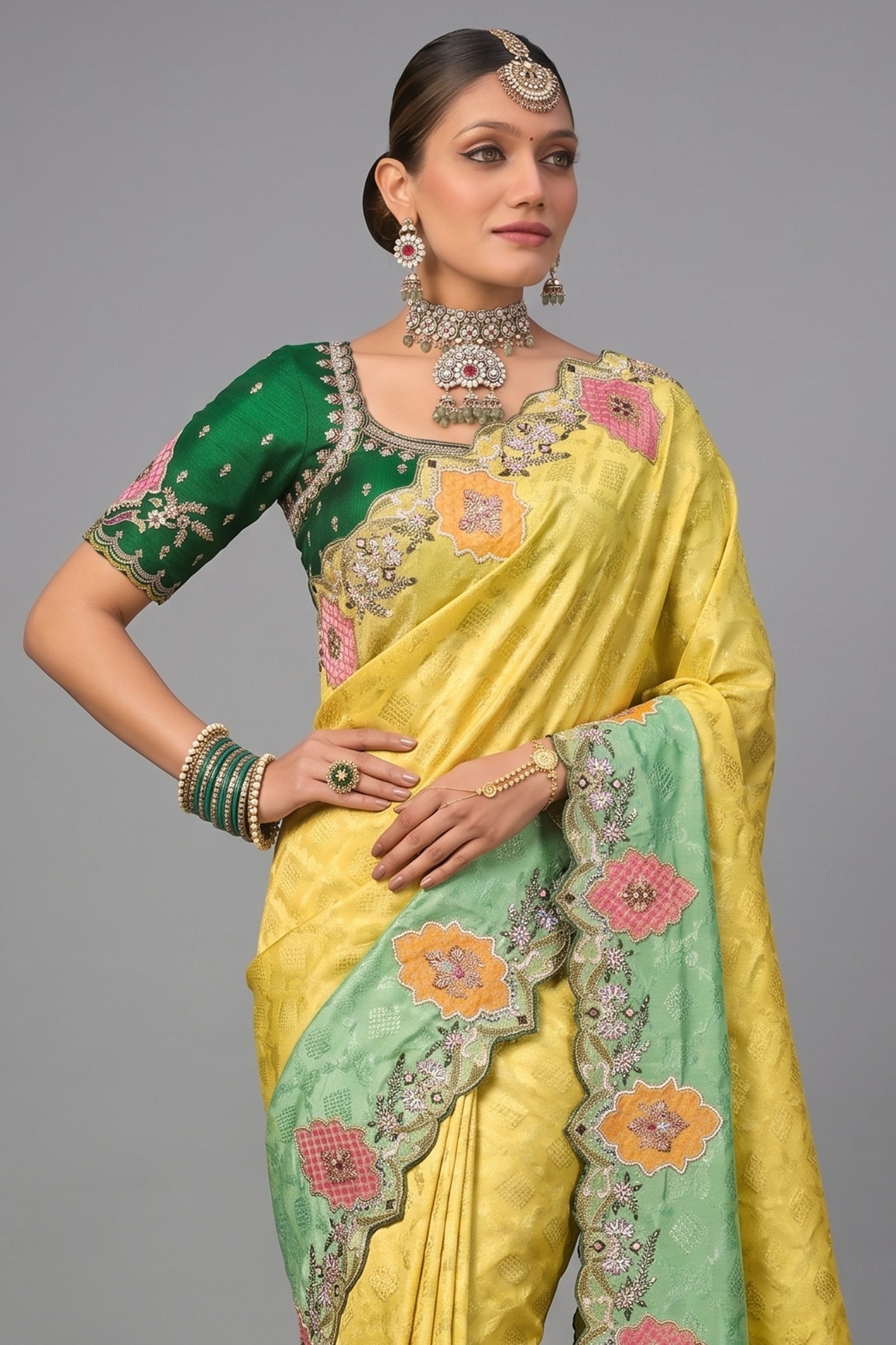 Lemon Yellow To Meadow Green Ombre Crepe Jacquard Saree with Metallic Cutdana And Moti Border Secondary image