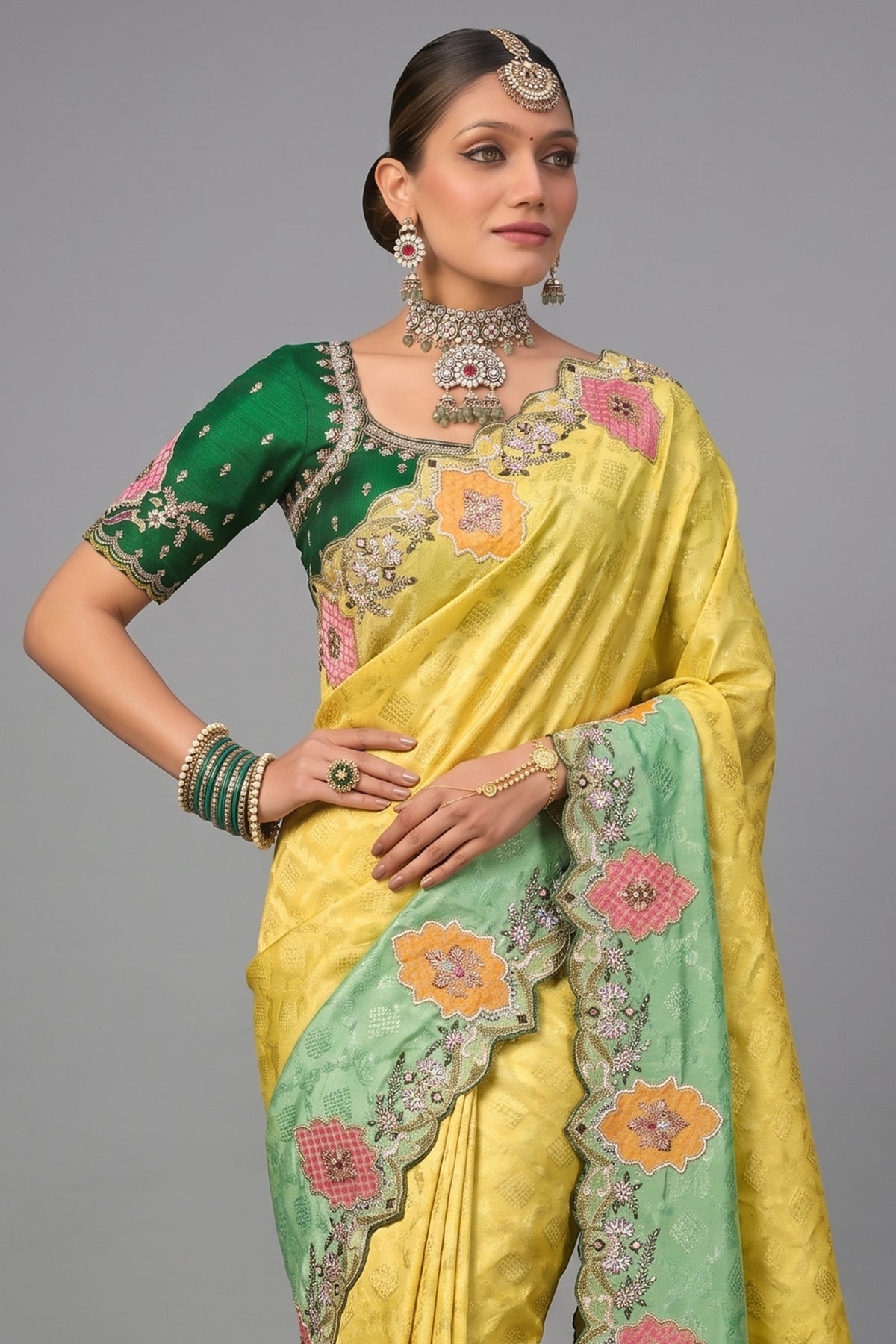 Lemon Yellow To Meadow Green Ombre Crepe Jacquard Saree with Metallic Cutdana And Moti Border