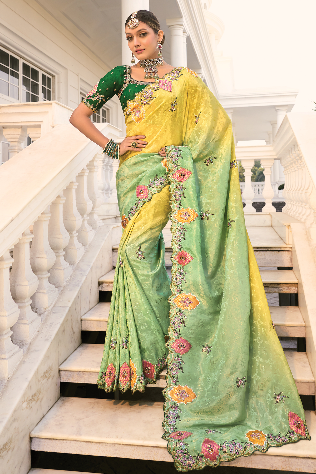 Lemon Yellow To Meadow Green Ombre Crepe Jacquard Saree with Metallic Cutdana And Moti Border