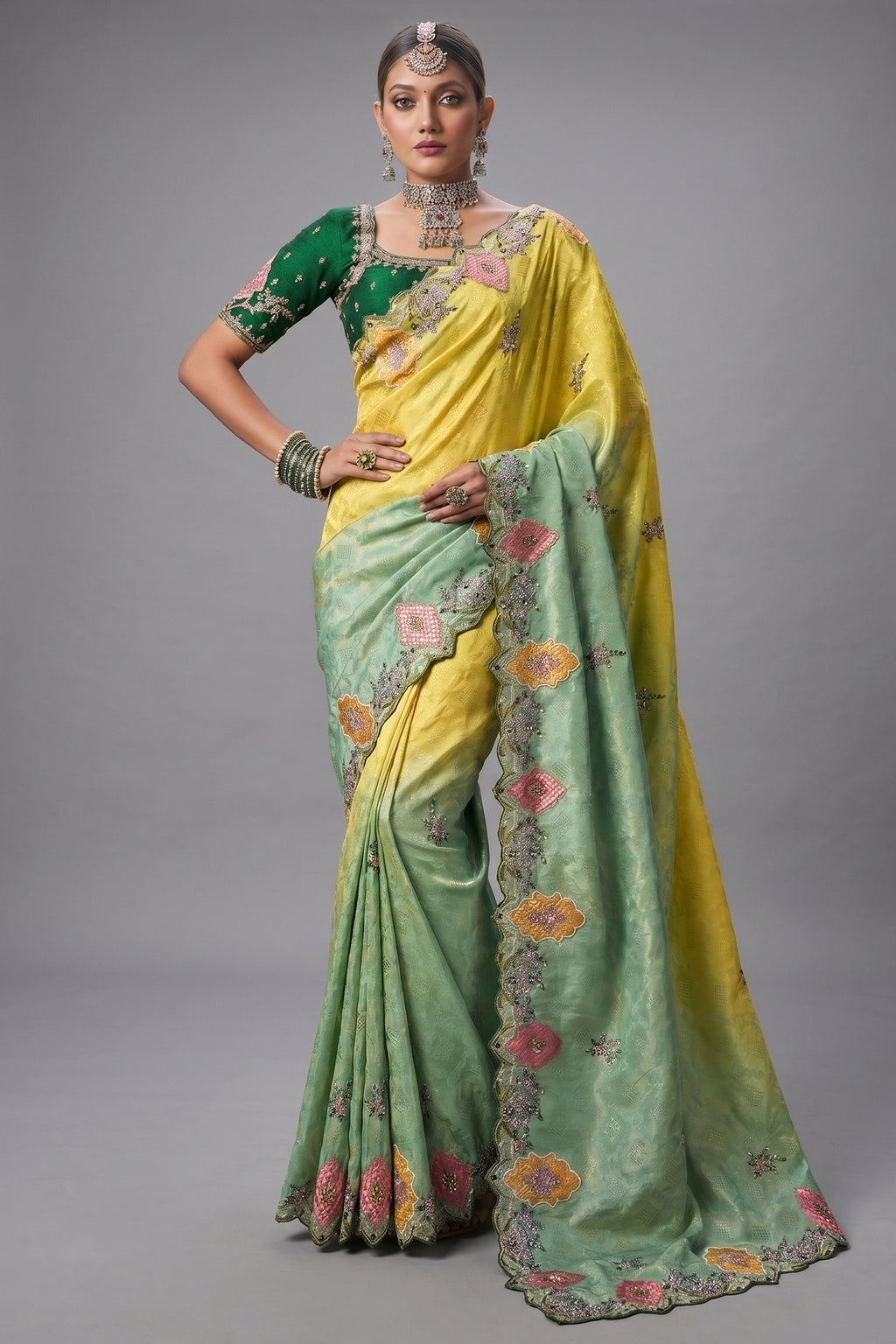 Lemon Yellow To Meadow Green Ombre Crepe Jacquard Saree with Metallic Cutdana And Moti Border