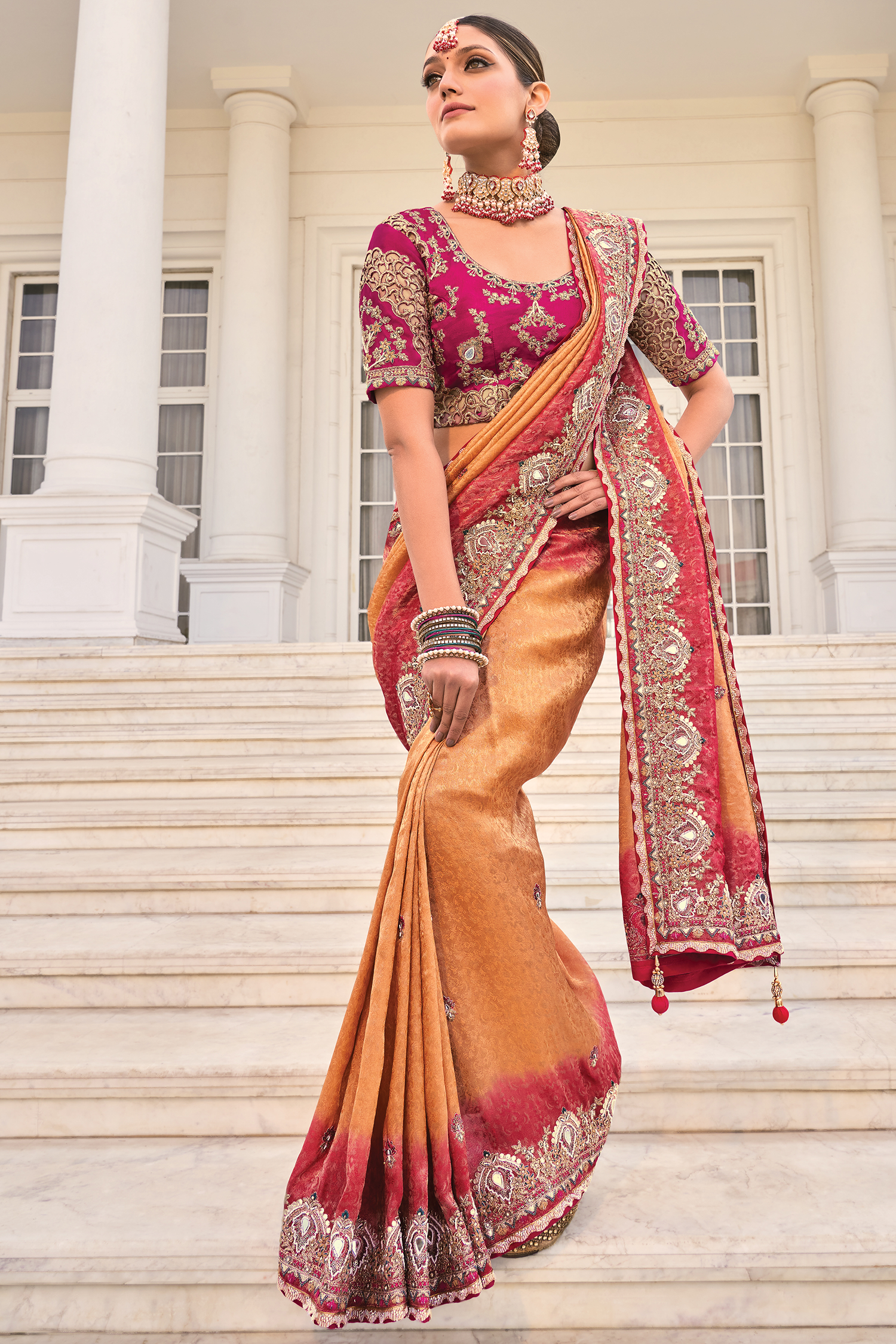Gold Peach Crepe Jacquard Saree with Mirror And Contrast Rani Scalloped Trim