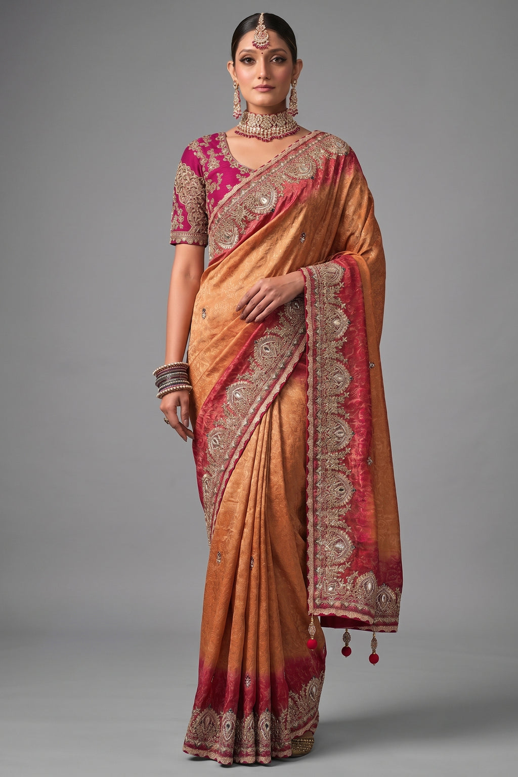 Gold Peach Crepe Jacquard Saree with Mirror And Contrast Rani Scalloped Trim