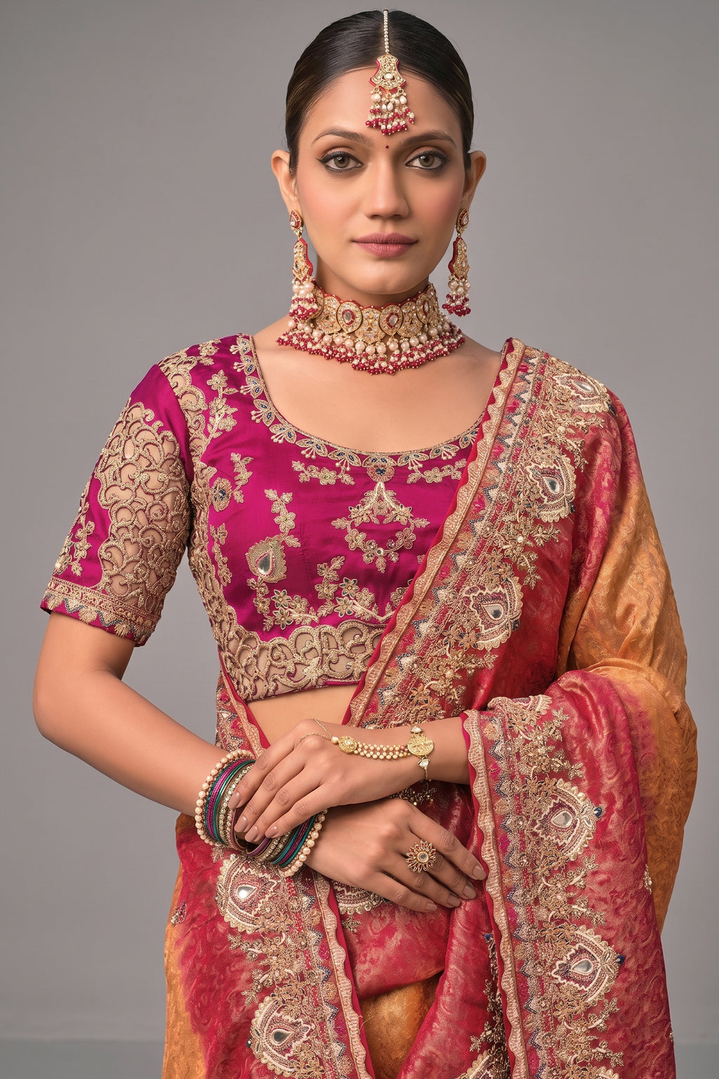 Gold Peach Crepe Jacquard Saree with Mirror And Contrast Rani Scalloped Trim