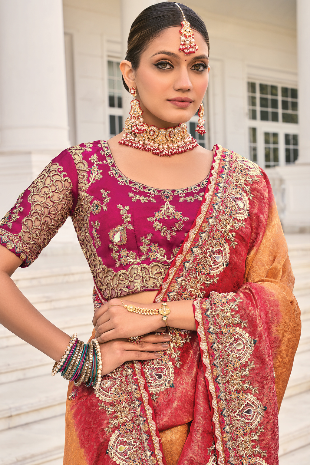Gold Peach Crepe Jacquard Saree with Mirror And Contrast Rani Scalloped Trim