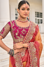 Gold Peach Crepe Jacquard Saree with Mirror And Contrast Rani Scalloped Trim