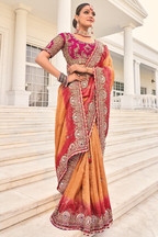 Gold Peach Crepe Jacquard Saree with Mirror And Contrast Rani Scalloped Trim