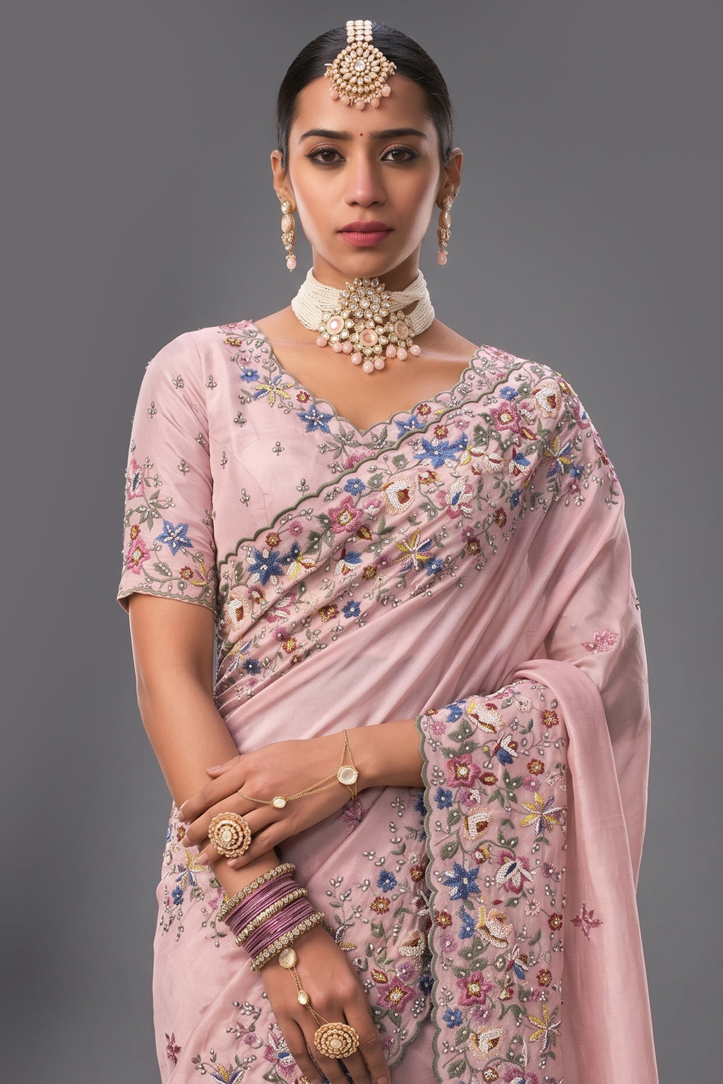Blossom Pink Banarasi Jari Saree with Floral Motif Embroidery