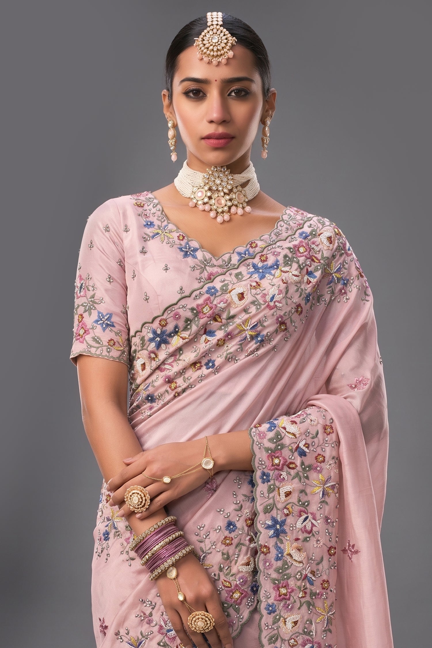 Blossom Pink Banarasi Jari Saree with Floral Motif Embroidery