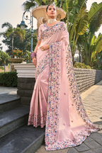 Blossom Pink Banarasi Jari Saree with Floral Motif Embroidery