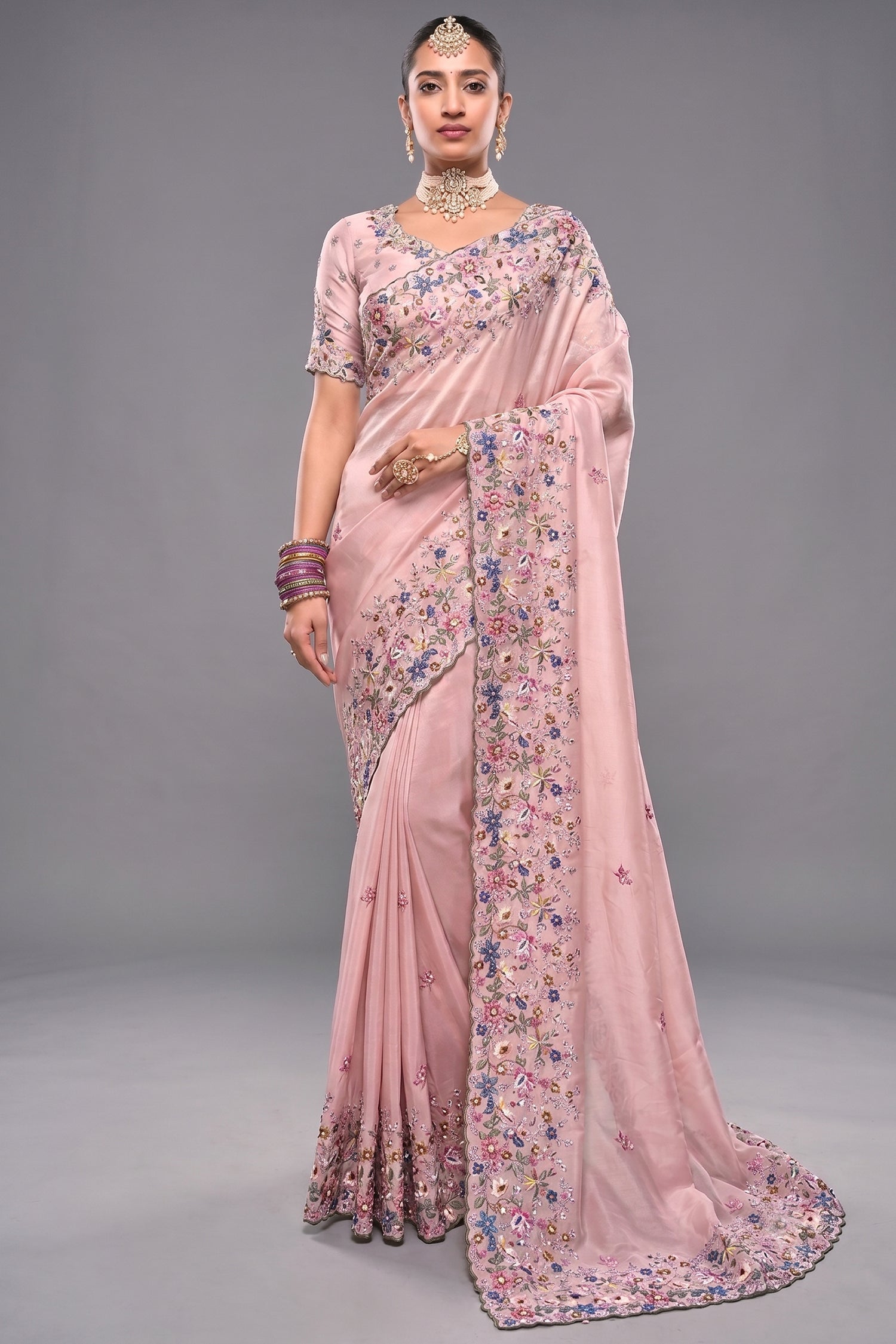 Blossom Pink Banarasi Jari Saree with Floral Motif Embroidery Main image