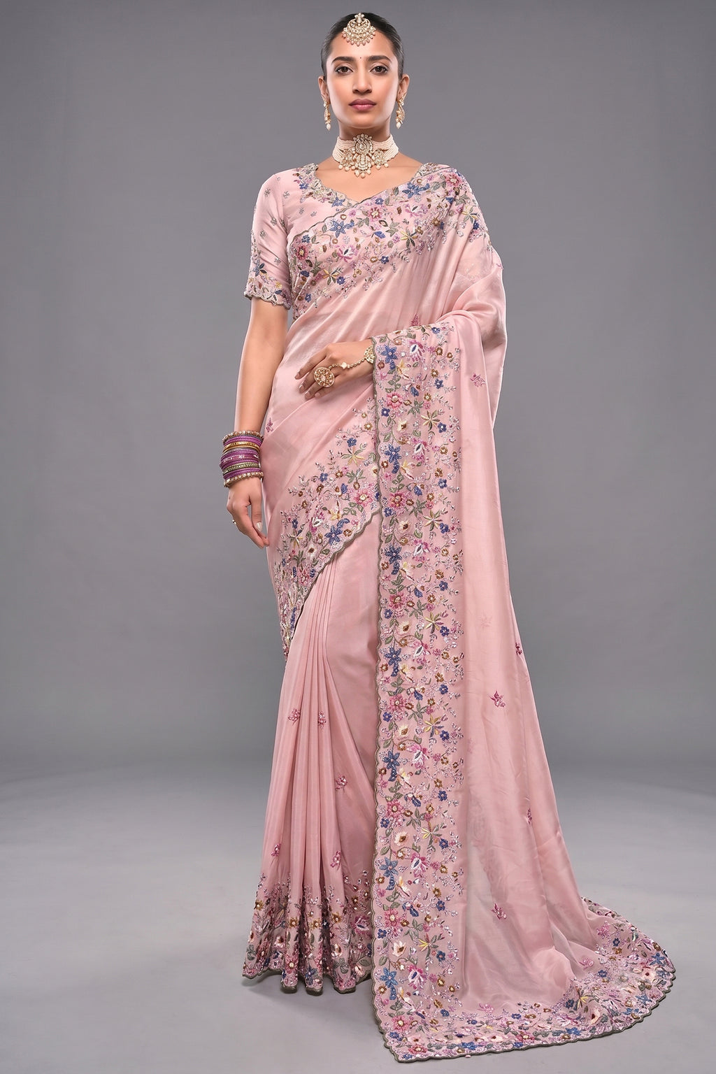 Blossom Pink Banarasi Jari Saree with Floral Motif Embroidery