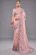 Blossom Pink Banarasi Jari Saree with Floral Motif Embroidery