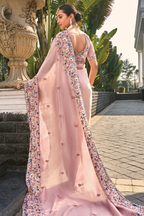 Blossom Pink Banarasi Jari Saree with Floral Motif Embroidery
