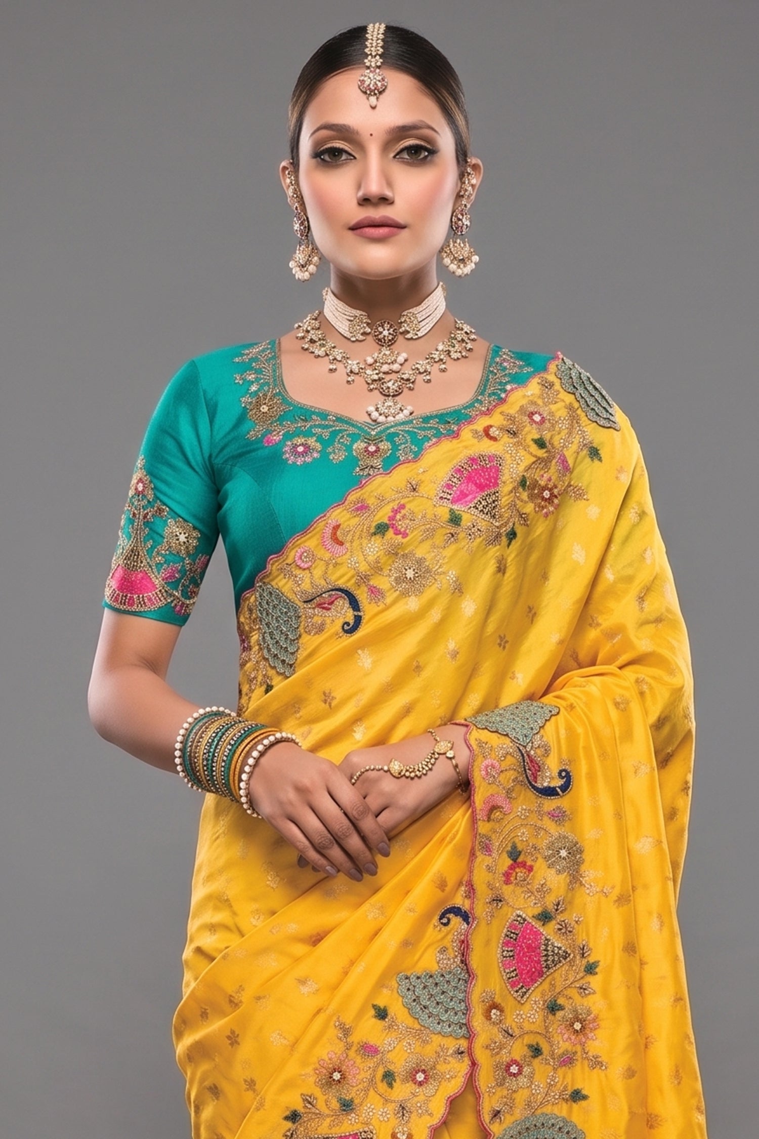 Marigold Yellow Crepe Saree Showcasing Multi Dimensional 3D Border Secondary image