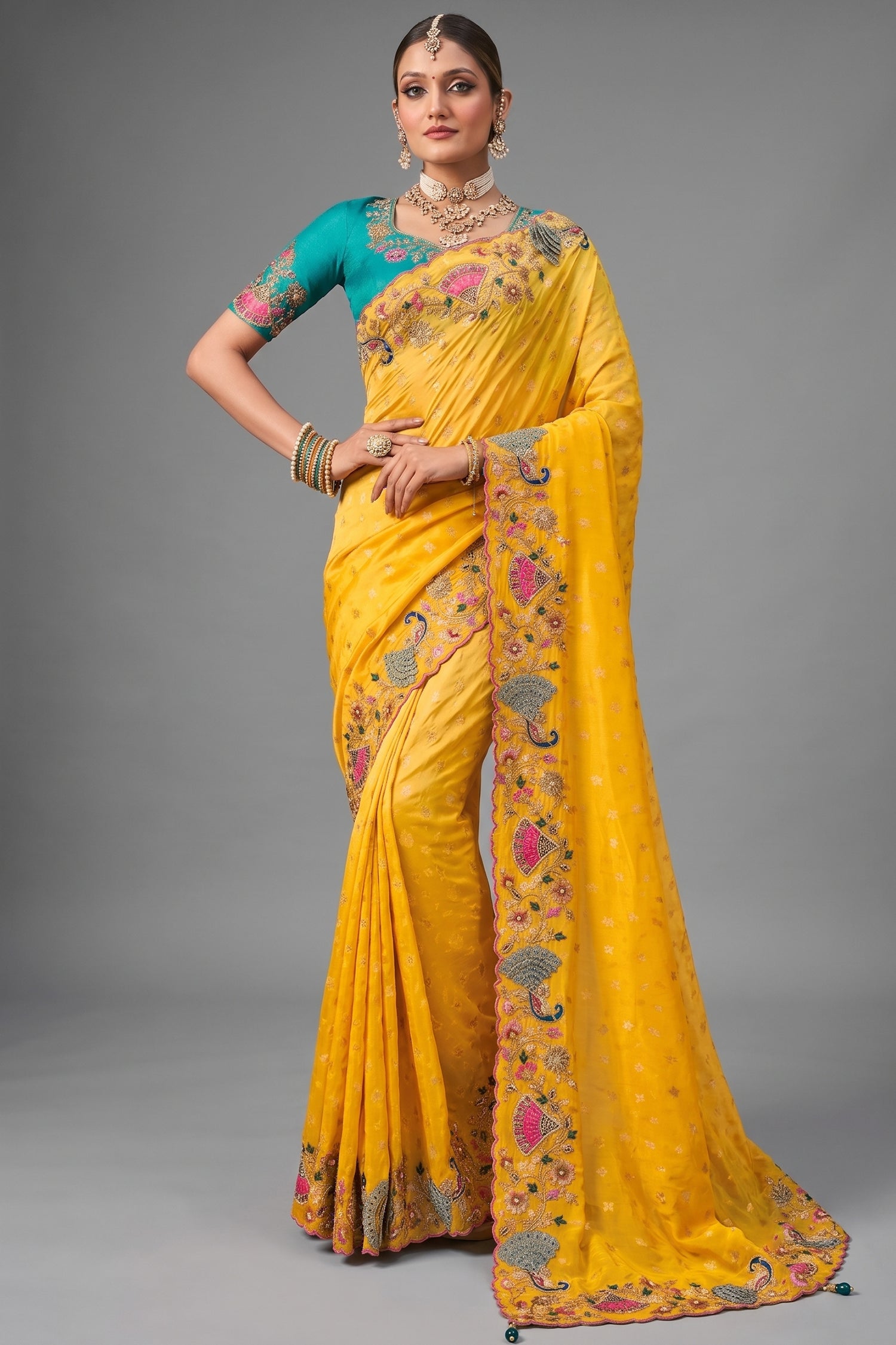 Marigold Yellow Crepe Saree Showcasing Multi Dimensional 3D Border Main image