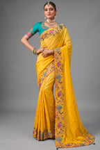 Marigold Yellow Crepe Saree Showcasing Multi Dimensional 3D Border