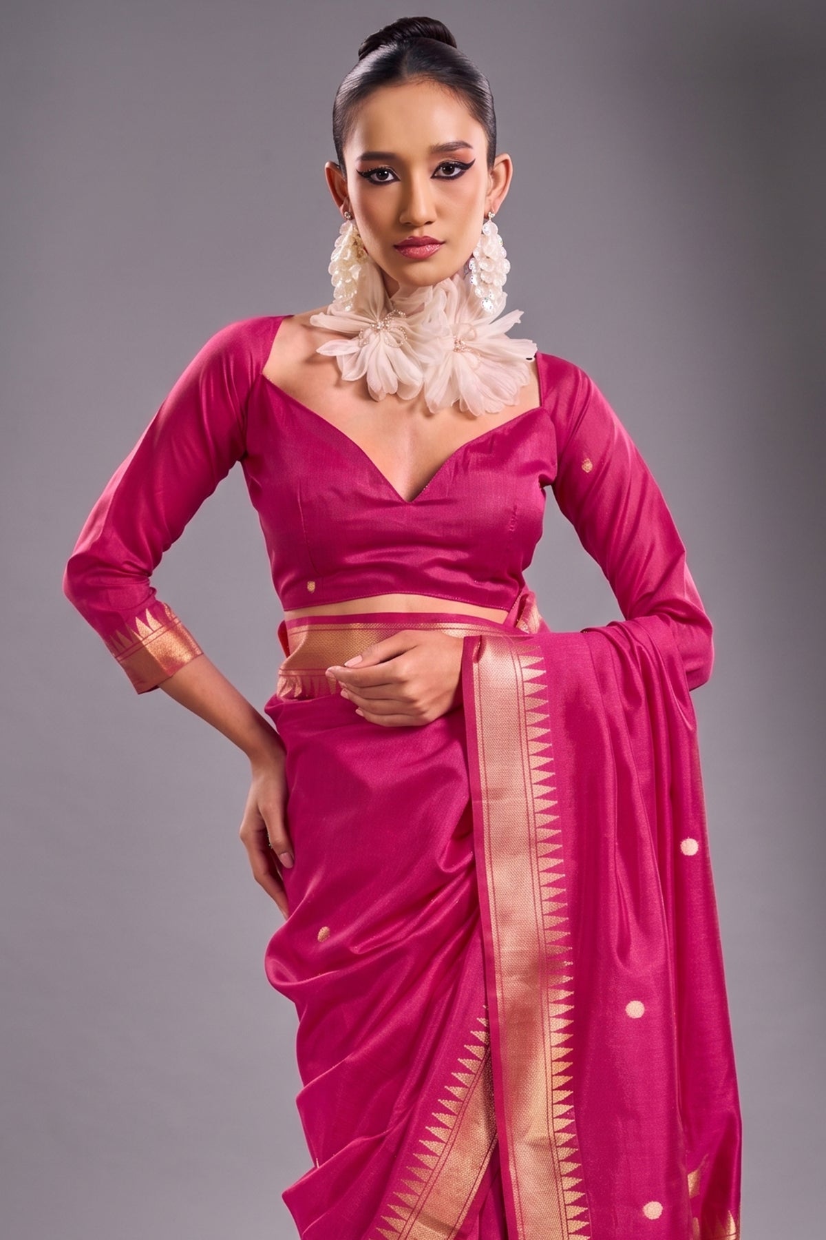 Rani Pink Satin Linen Saree with Temple Border And Elaborate Floral Pallu