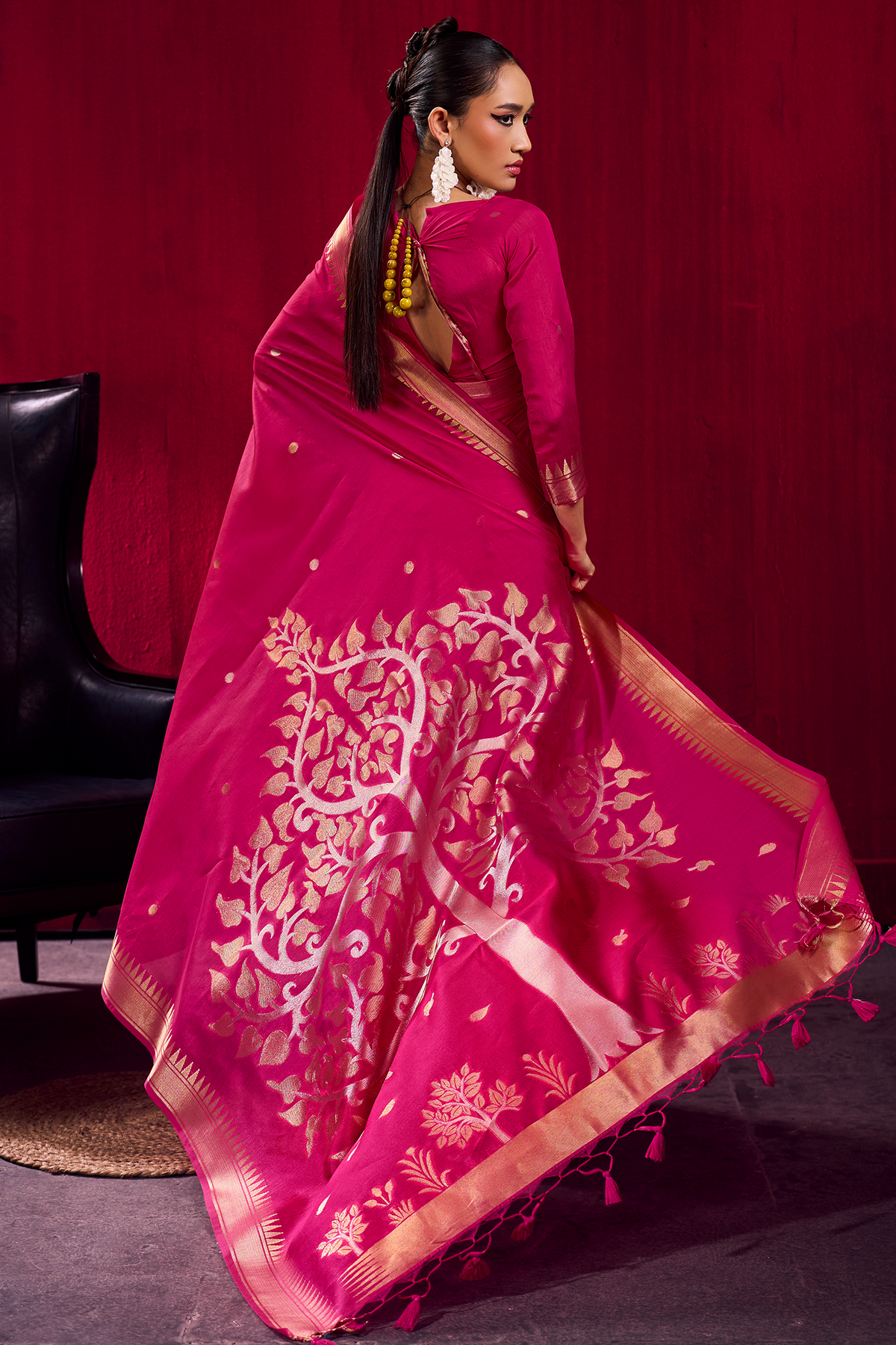 Rani Pink Satin Linen Saree with Temple Border And Elaborate Floral Pallu