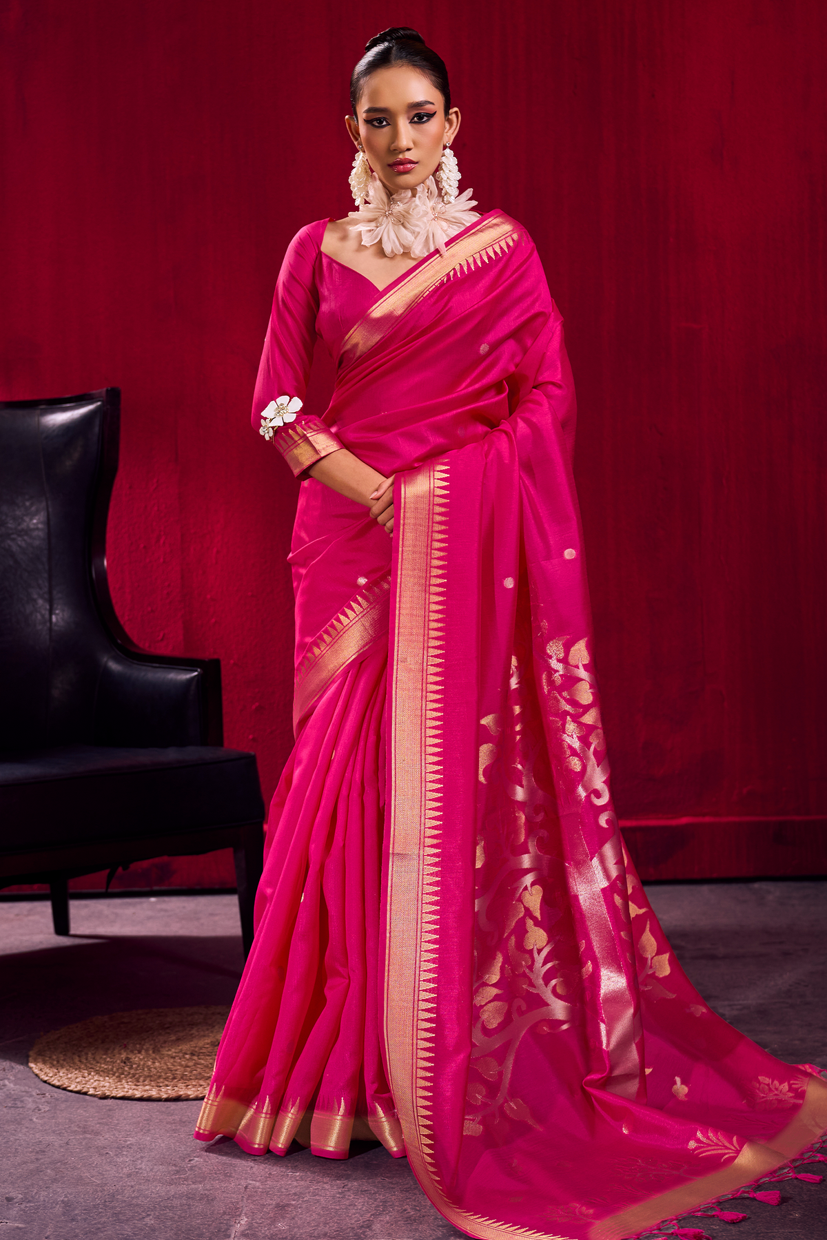 Rani Pink Satin Linen Saree with Temple Border And Elaborate Floral Pallu