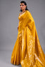 Canary Yellow Satin Linen Saree with Temple Border And Elaborate Floral Pallu