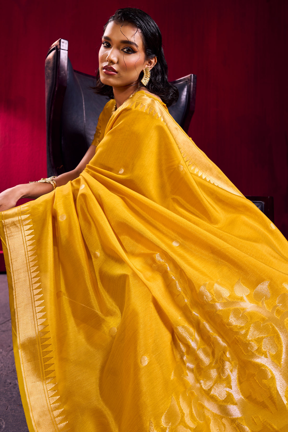 Canary Yellow Satin Linen Saree with Temple Border And Elaborate Floral Pallu