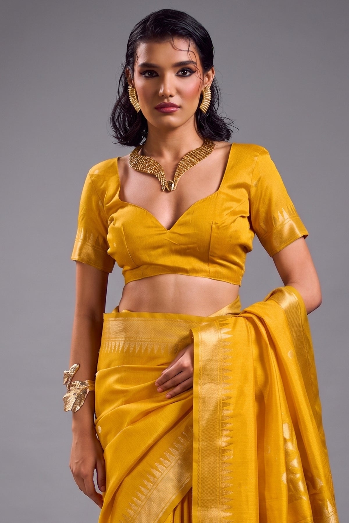 Canary Yellow Satin Linen Saree with Temple Border And Elaborate Floral Pallu