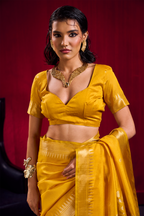 Canary Yellow Satin Linen Saree with Temple Border And Elaborate Floral Pallu
