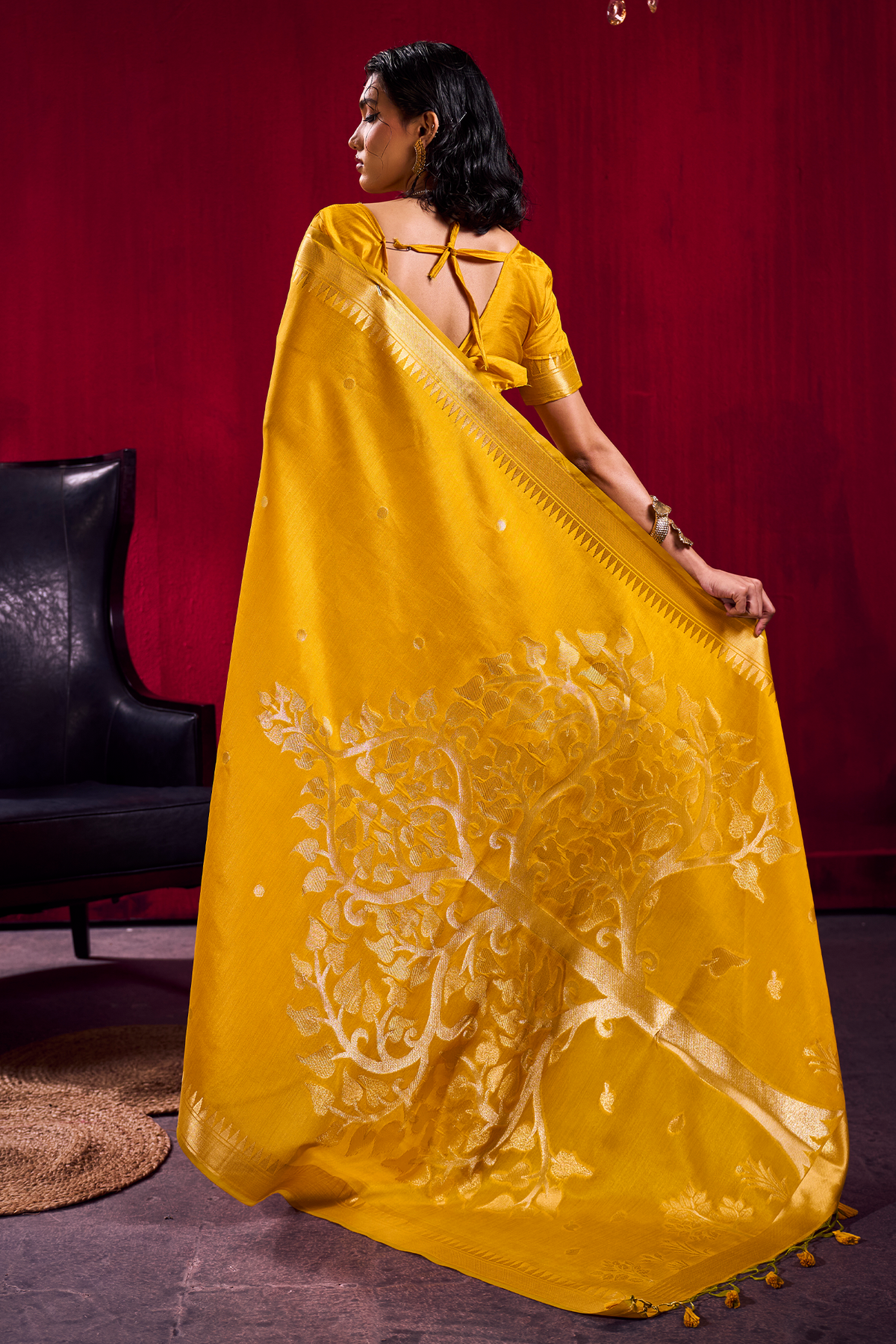 Canary Yellow Satin Linen Saree with Temple Border And Elaborate Floral Pallu