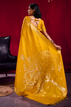 Canary Yellow Satin Linen Saree with Temple Border And Elaborate Floral Pallu