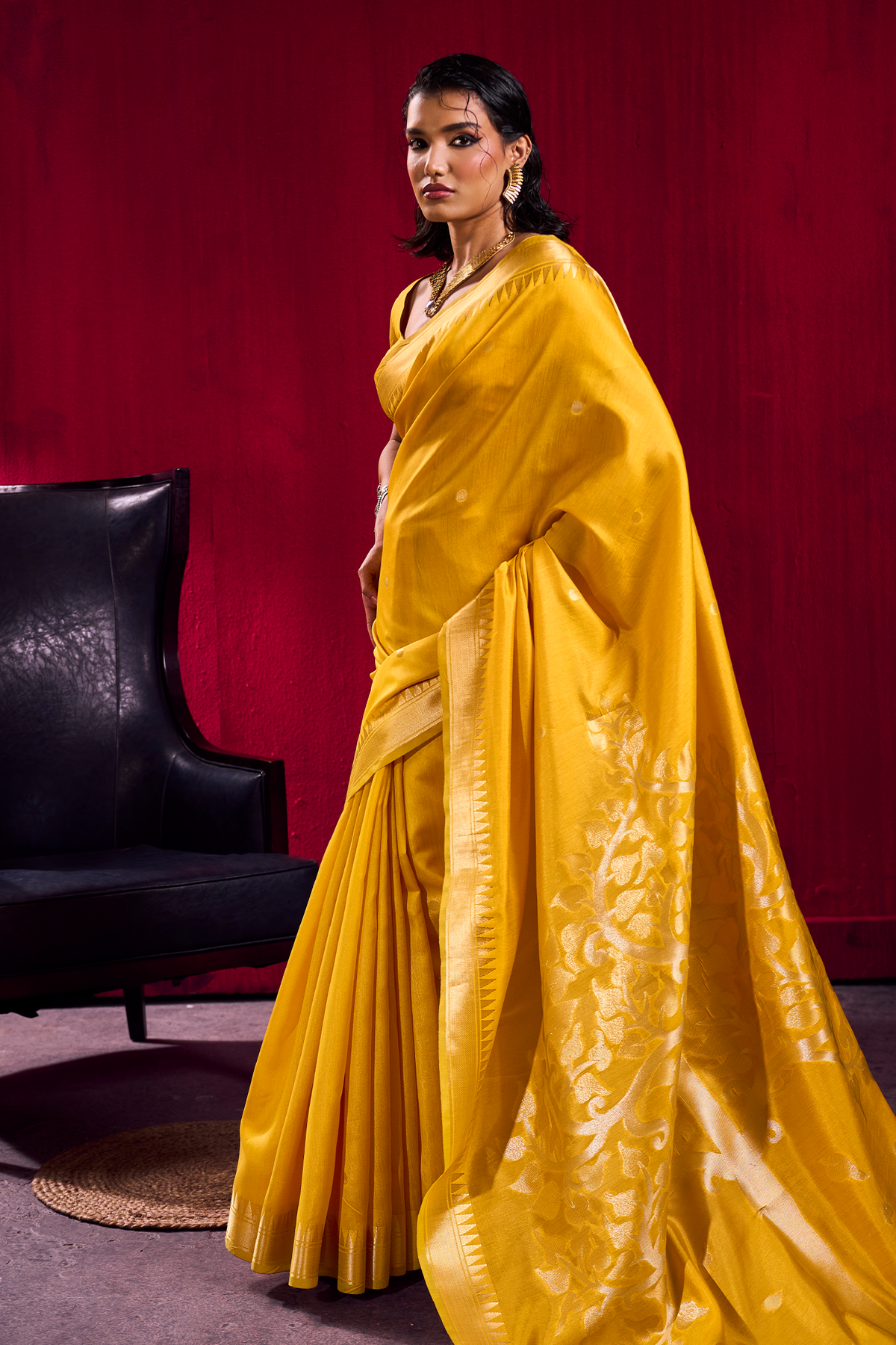 Canary Yellow Satin Linen Saree with Temple Border And Elaborate Floral Pallu