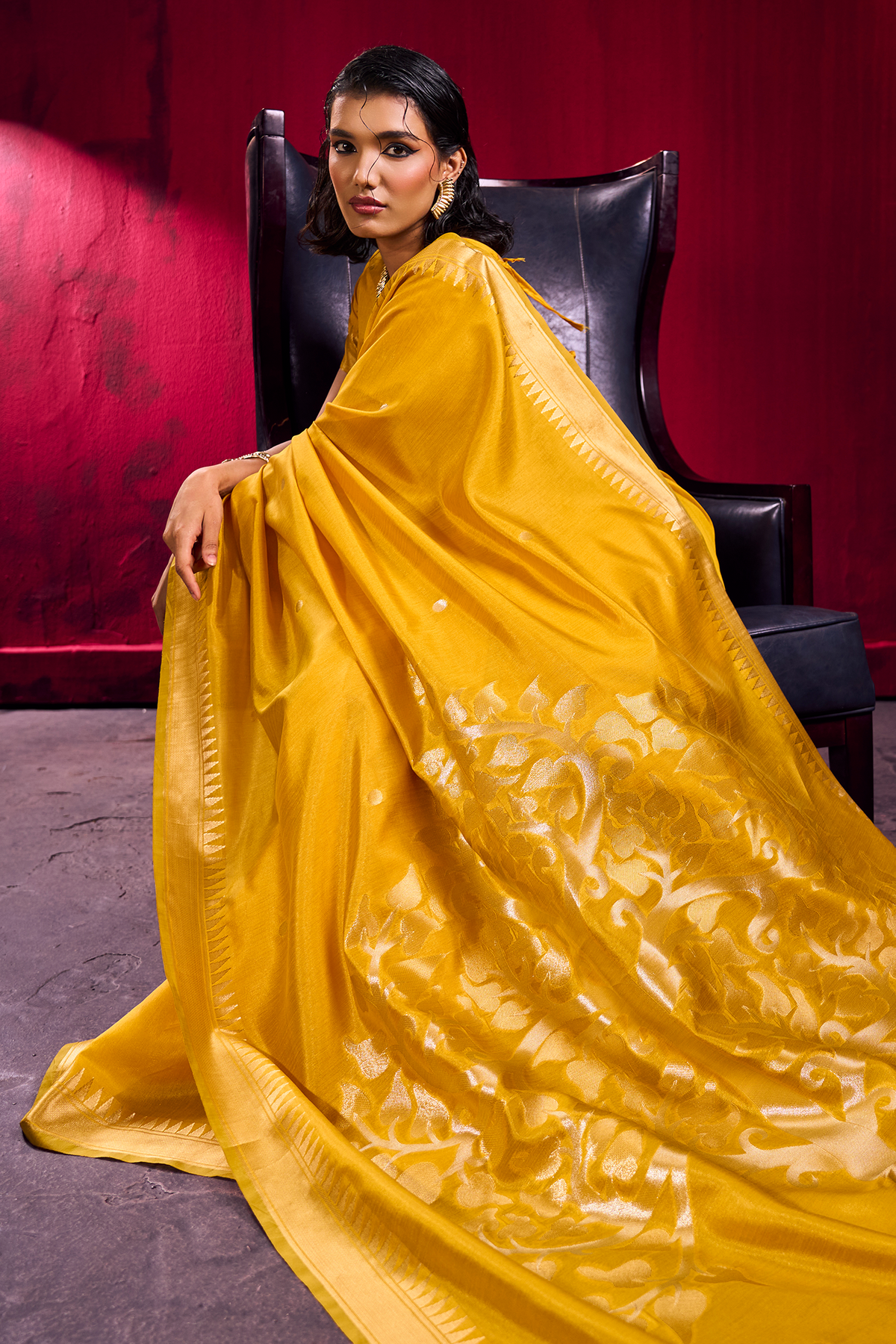 Canary Yellow Satin Linen Saree with Temple Border And Elaborate Floral Pallu