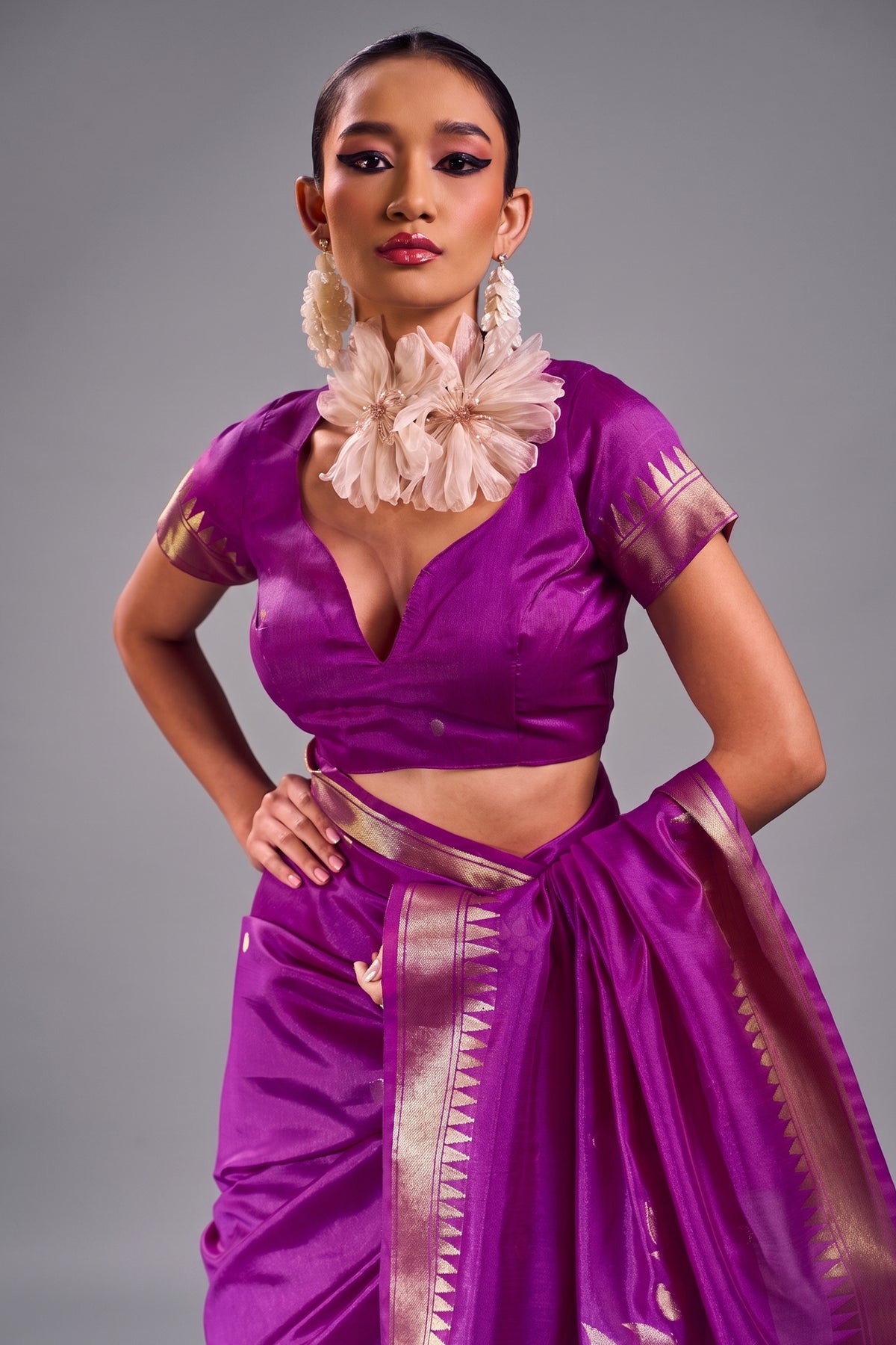 Royal Violet Satin Linen Saree with Temple Border And Elaborate Floral Pallu