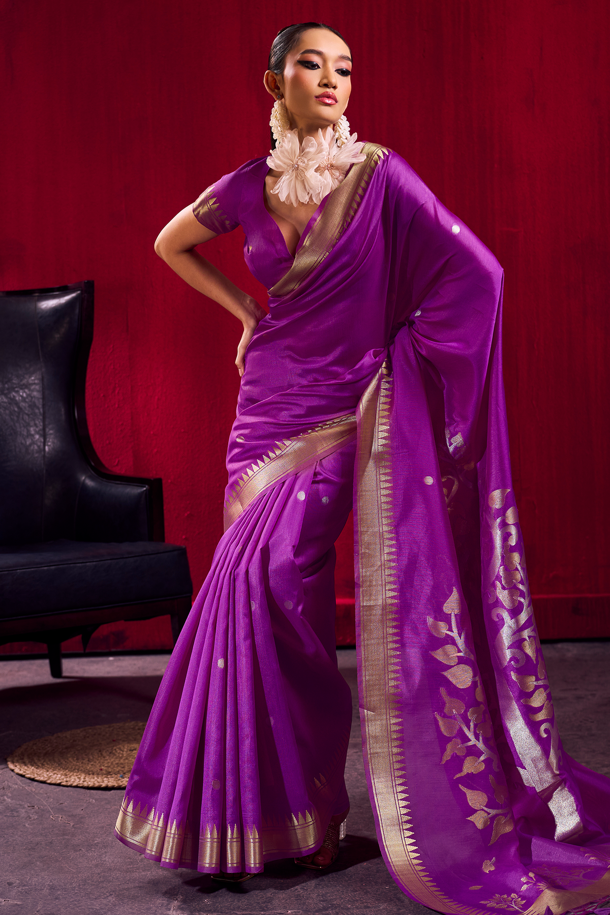 Royal Violet Satin Linen Saree with Temple Border And Elaborate Floral Pallu