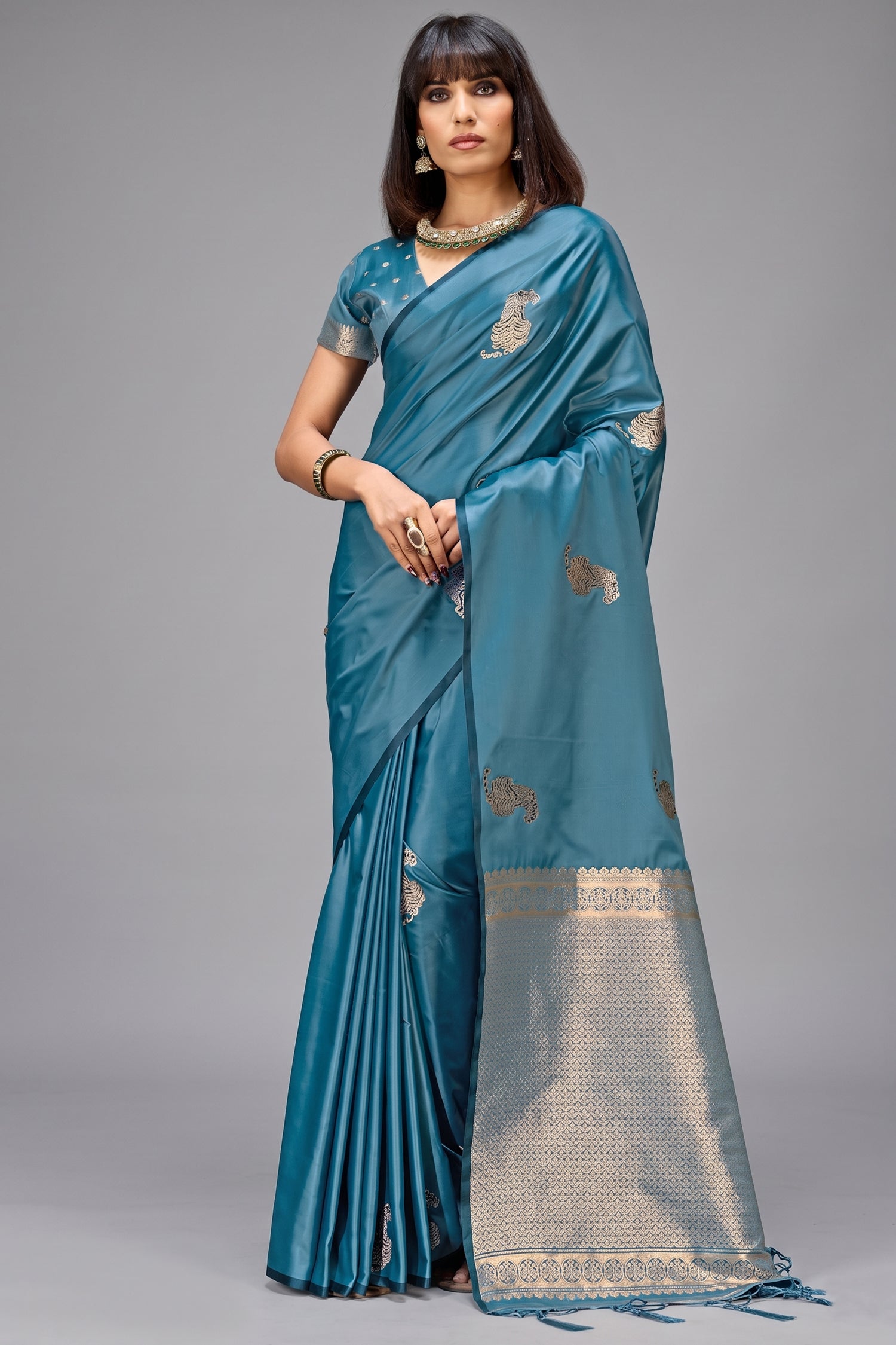 Antique Olive Gold Satin Silk Saree with Metallic Tiger Weaves And Geometric Zari Border Main image