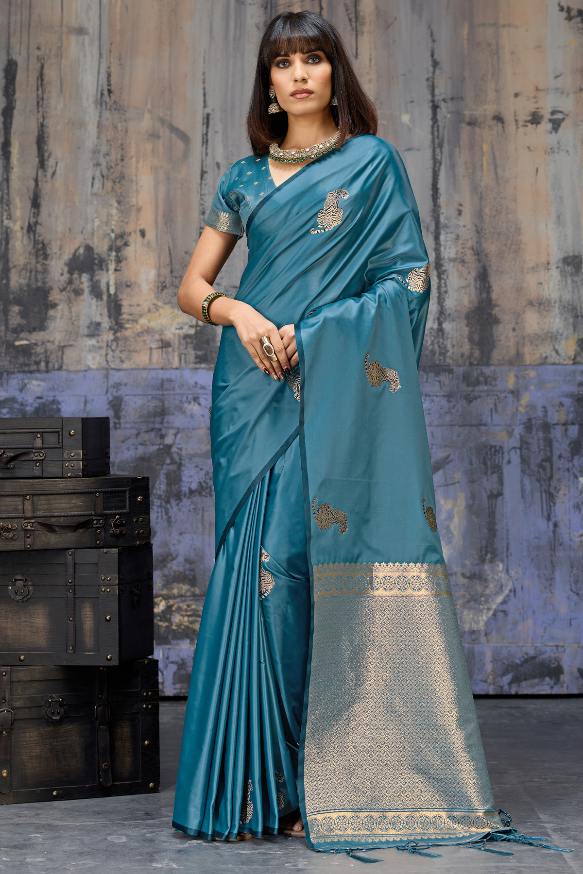 Antique Olive Gold Satin Silk Saree with Metallic Tiger Weaves And Geometric Zari Border