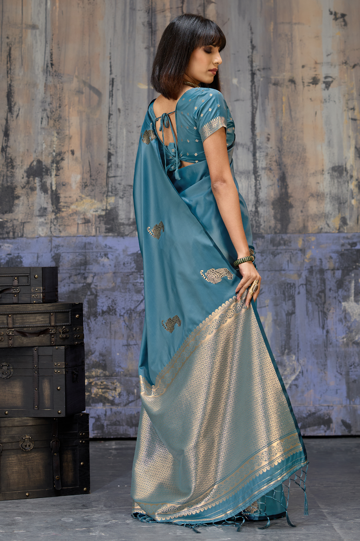 Antique Olive Gold Satin Silk Saree with Metallic Tiger Weaves And Geometric Zari Border