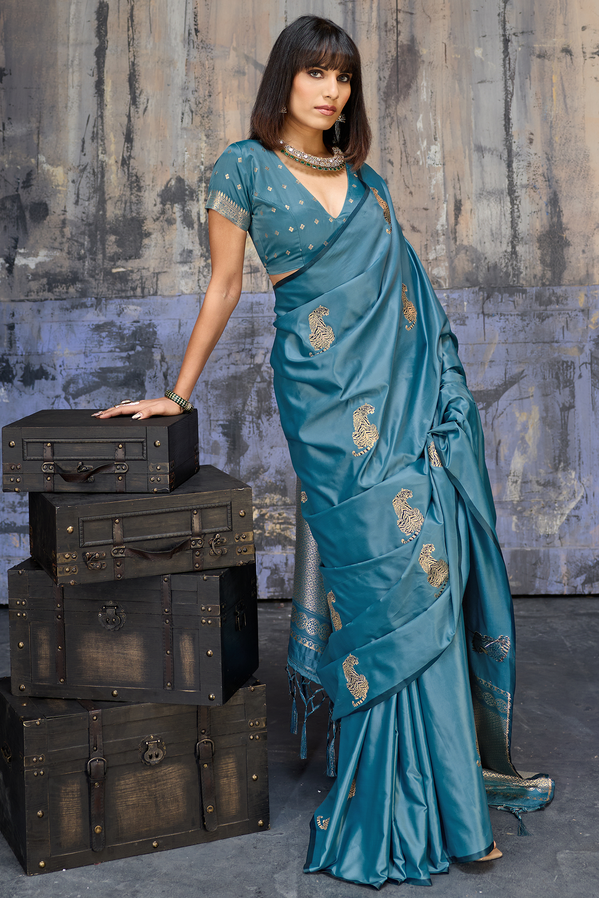 Antique Olive Gold Satin Silk Saree with Metallic Tiger Weaves And Geometric Zari Border