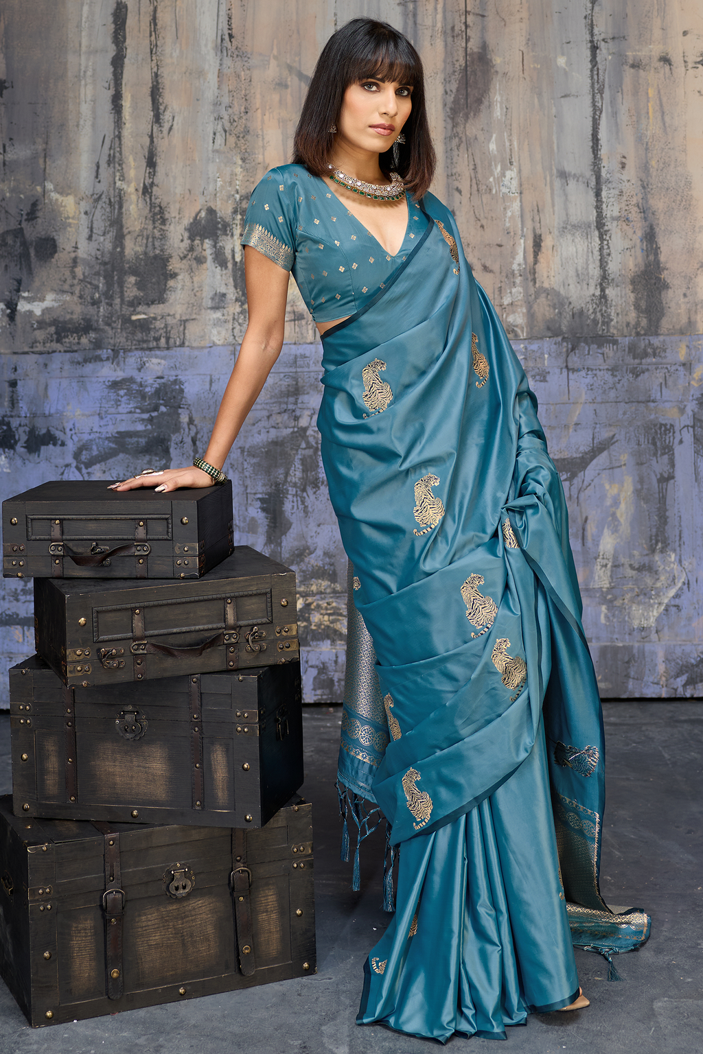 Antique Olive Gold Satin Silk Saree with Metallic Tiger Weaves And Geometric Zari Border