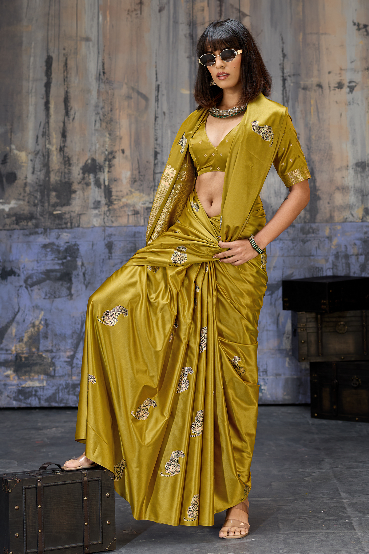 Muted Sage Green Satin Silk Saree with Metallic Tiger Weaves And Geometric Zari Border