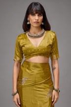 Muted Sage Green Satin Silk Saree with Metallic Tiger Weaves And Geometric Zari Border