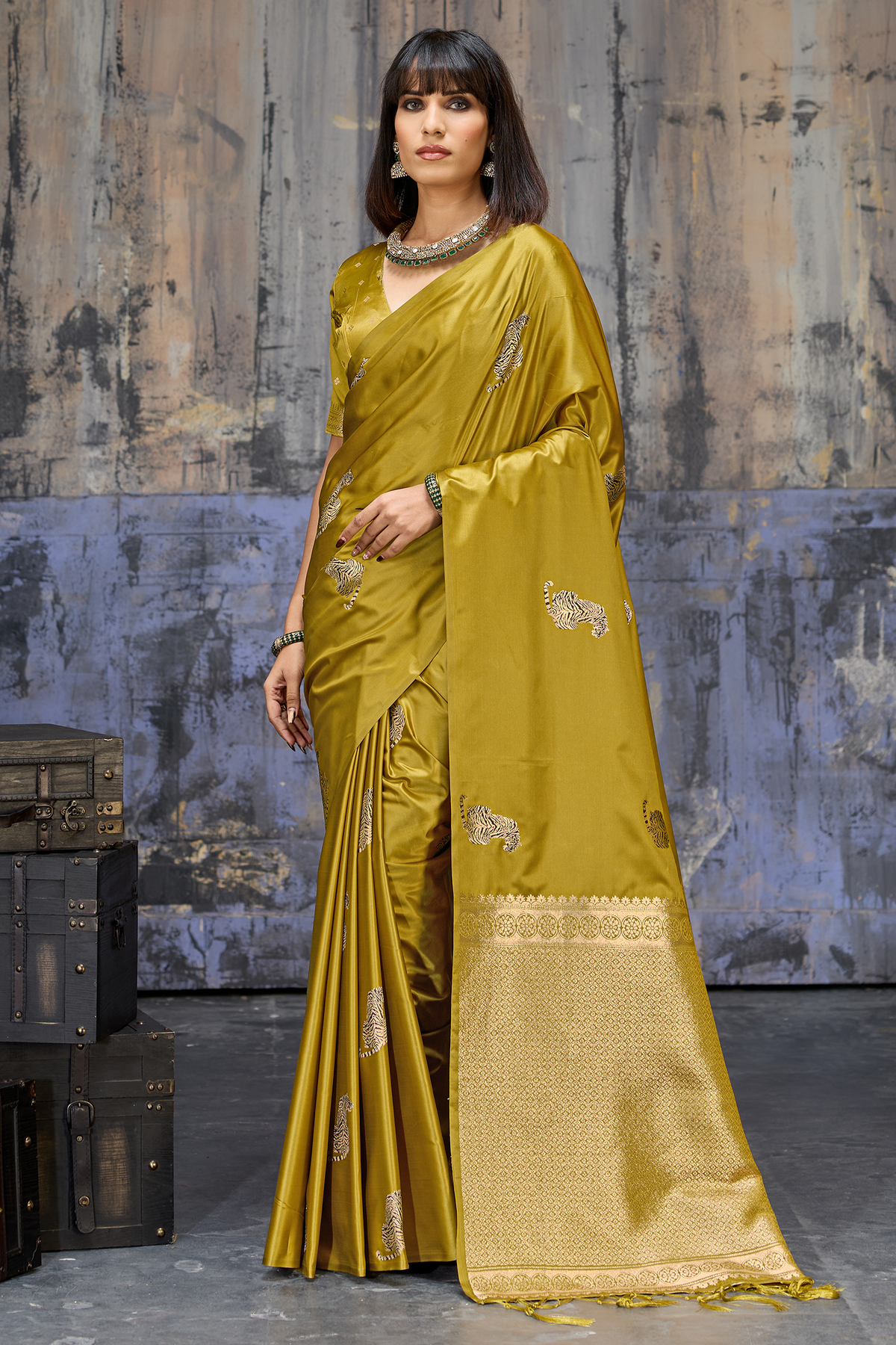 Muted Sage Green Satin Silk Saree with Metallic Tiger Weaves And Geometric Zari Border