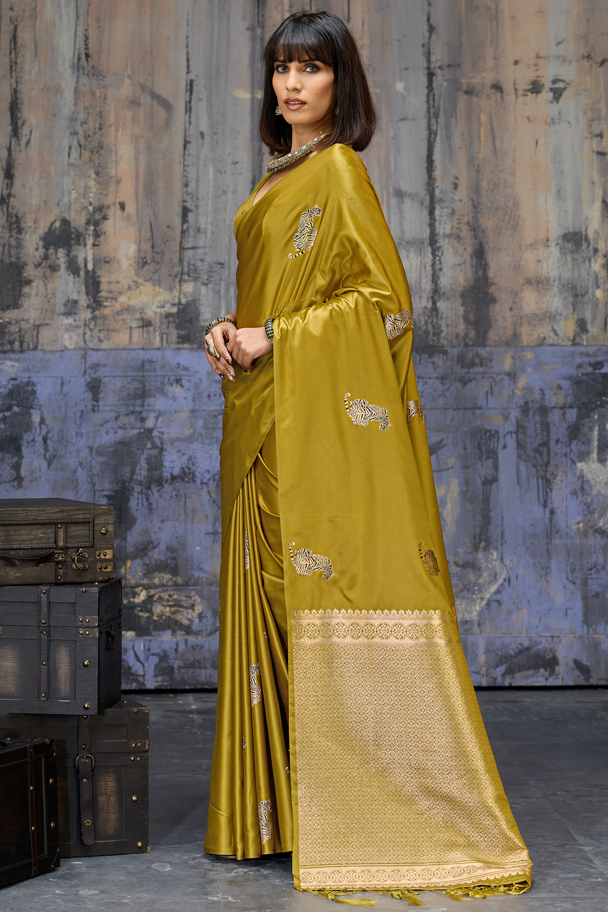 Muted Sage Green Satin Silk Saree with Metallic Tiger Weaves And Geometric Zari Border