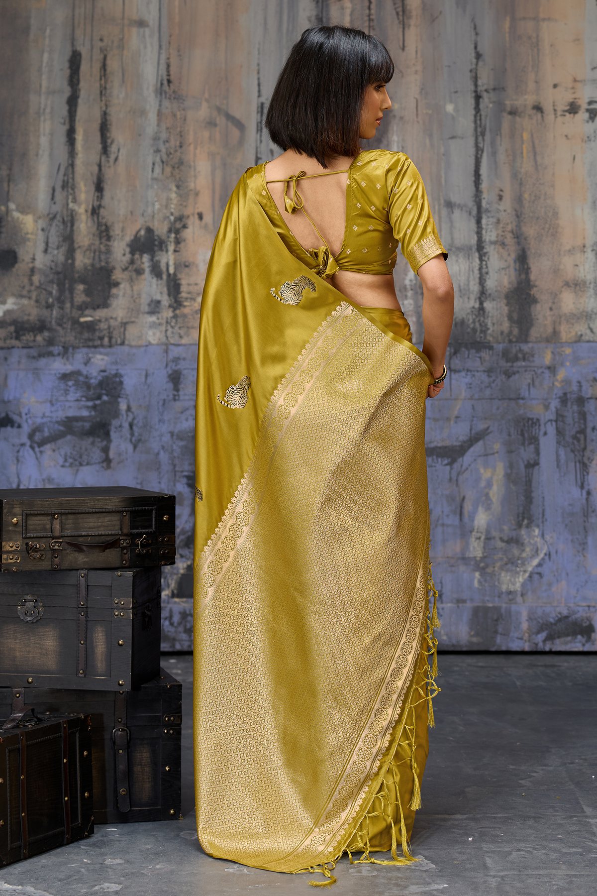 Muted Sage Green Satin Silk Saree with Metallic Tiger Weaves And Geometric Zari Border